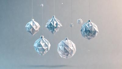 The primary subject of the image is a series of geometric, geometric-shaped, or geometric-patterned Christmas ornaments. These ornaments are hanging from strings, creating a visually appealing and festive display. The setting is a gray background, which contrasts with the ornaments and adds a sense of depth to the image. The visual style is a combination of digital art and illustration, as the ornaments are created with a geometric pattern and are displayed in a digital manner. The colors and mood of the image are